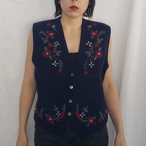 Talbots‎ Blue Wool Embroidered Sweater Vest